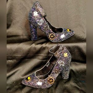 Cape Robbin Black Embellished 4 Inch Heels~Sparkle & Pin~Ankle Strap~Glitter